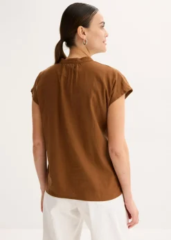 Blusa de manga corta de mezcla de lino vaporoso