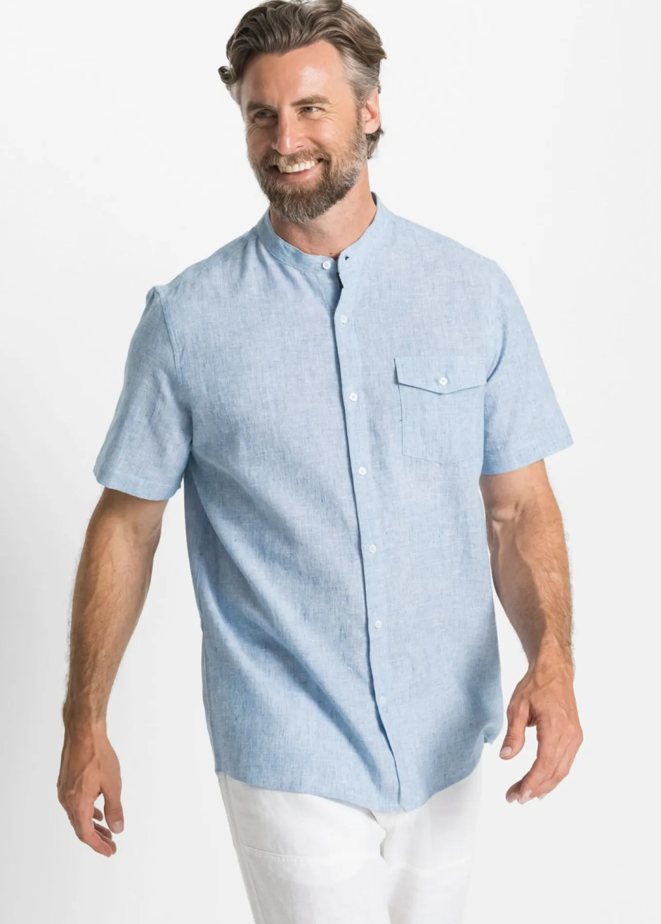 Camisa de lino de manga corta con cuello alto