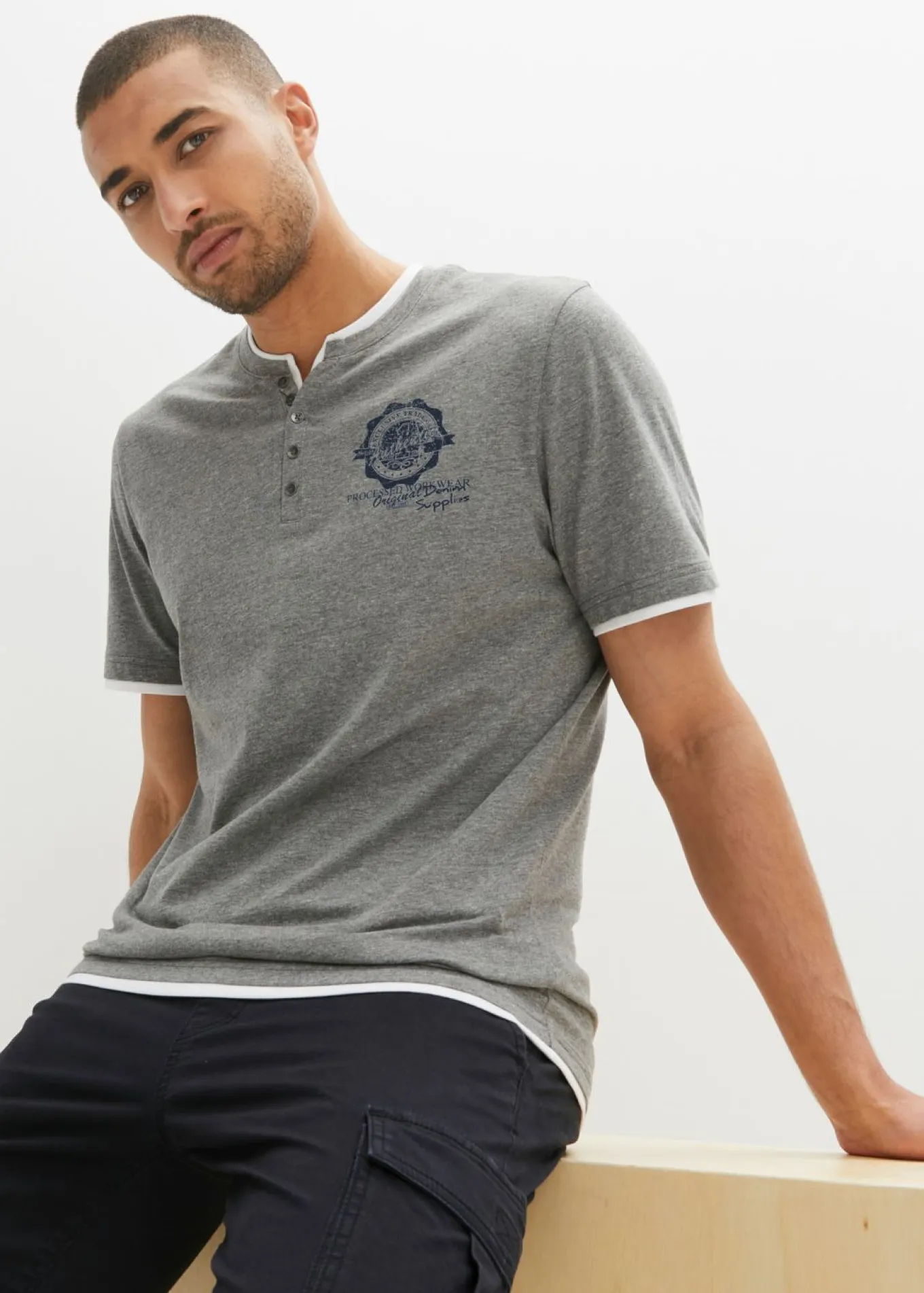 Camiseta de algodón orgánico puro con cuello henley y manga corta (2 unidades)