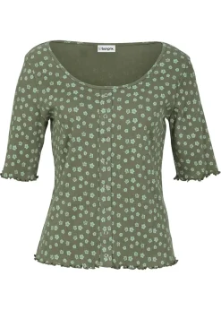 Camiseta de canalé con estampado de flores y manga corta