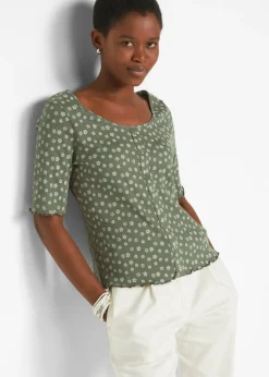 Camiseta de canalé con estampado de flores y manga corta