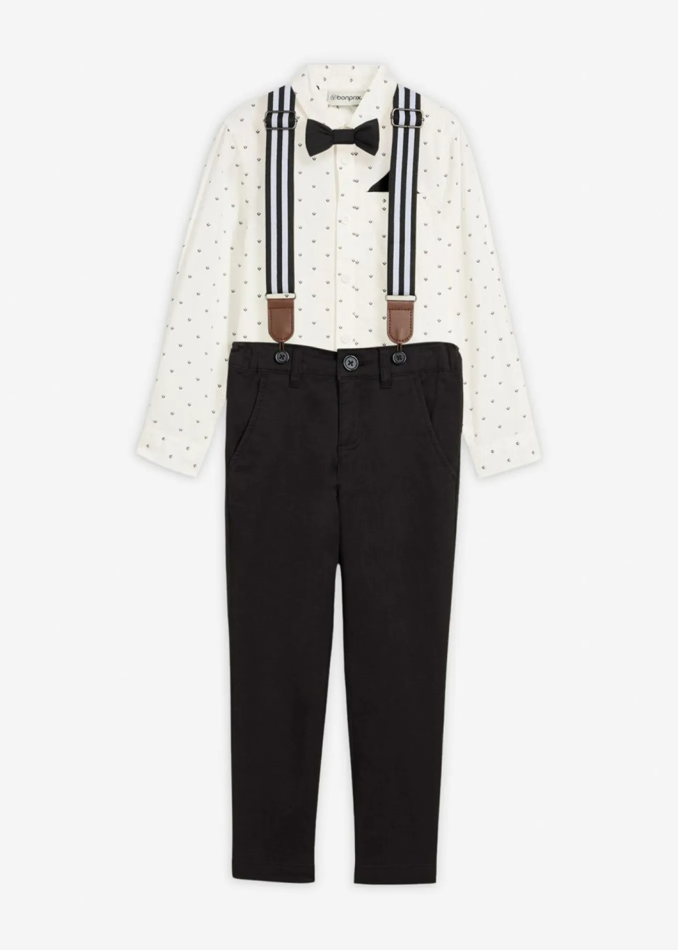 Conjunto de camisa de manga larga, pantalón elástico, tirantes y pajarita (4 piezas)