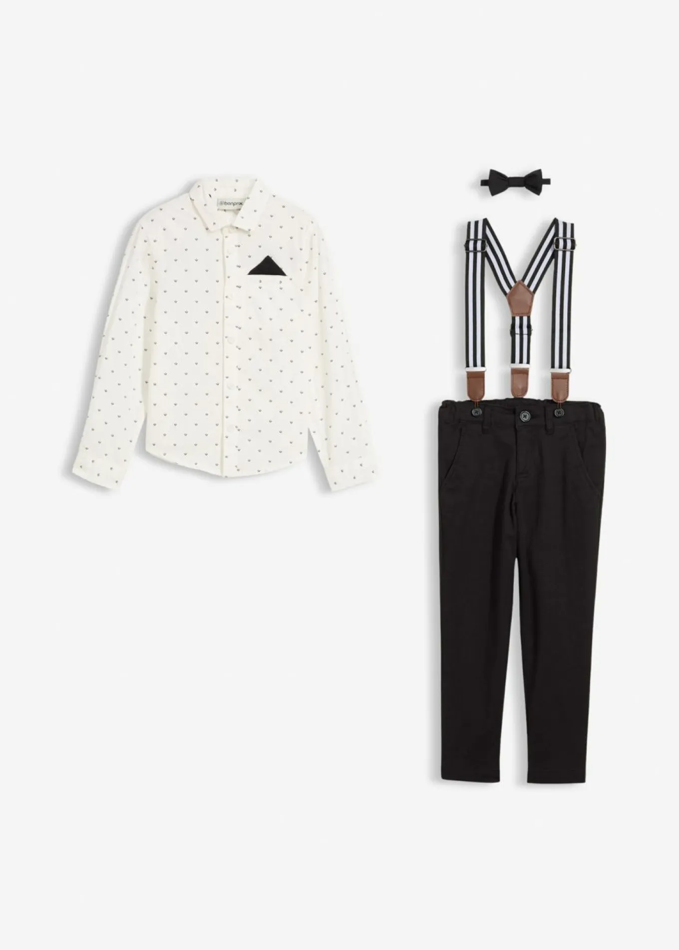 Conjunto de camisa de manga larga, pantalón elástico, tirantes y pajarita (4 piezas)