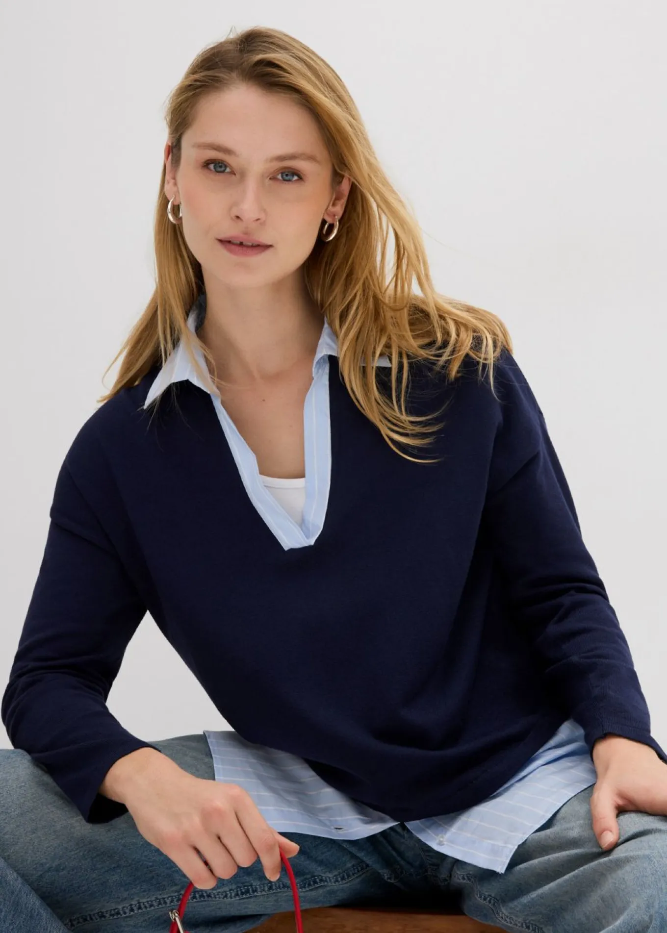 Jersey de punto fino con inserto de blusa