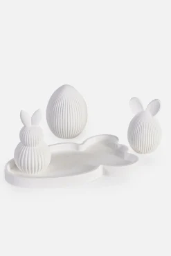 Objeto decorativo en forma de conejito y huevo sobre bandeja (4 piezas)