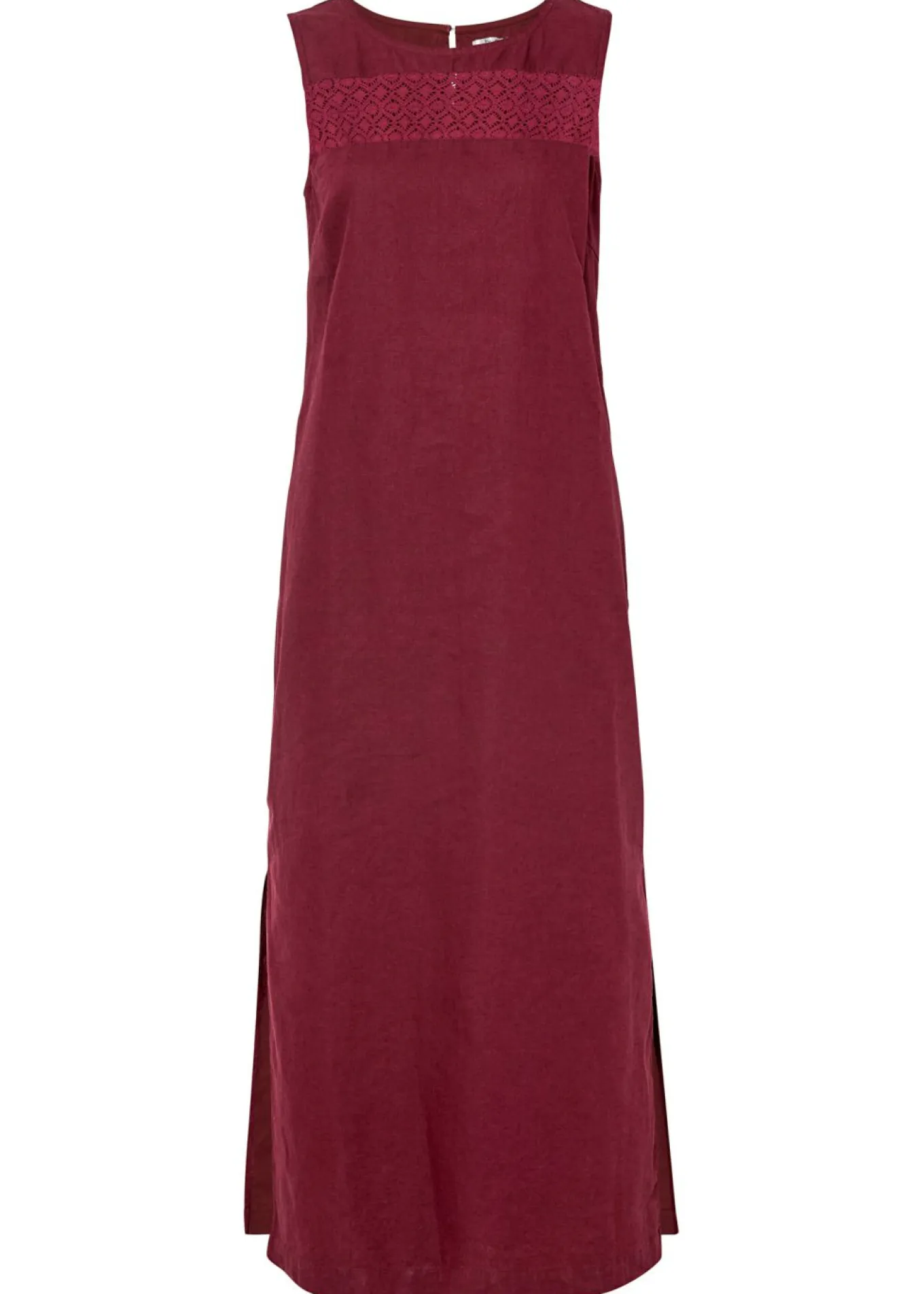 Vestido largo de lino con motivo perforado en el escote y abertura lateral