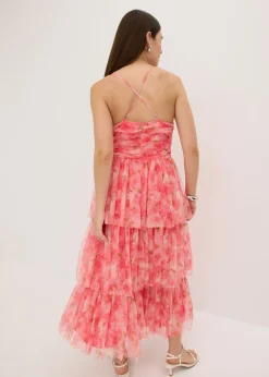 Vestido midi de tul fino con volantes