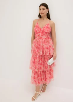 Vestido midi de tul fino con volantes
