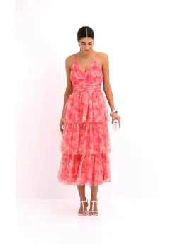 Vestido midi de tul fino con volantes