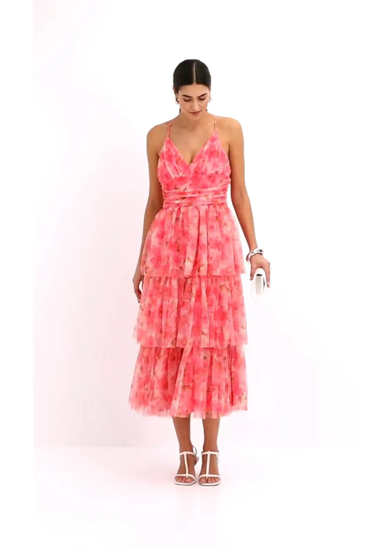 Vestido midi de tul fino con volantes