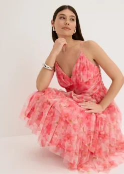 Vestido midi de tul fino con volantes