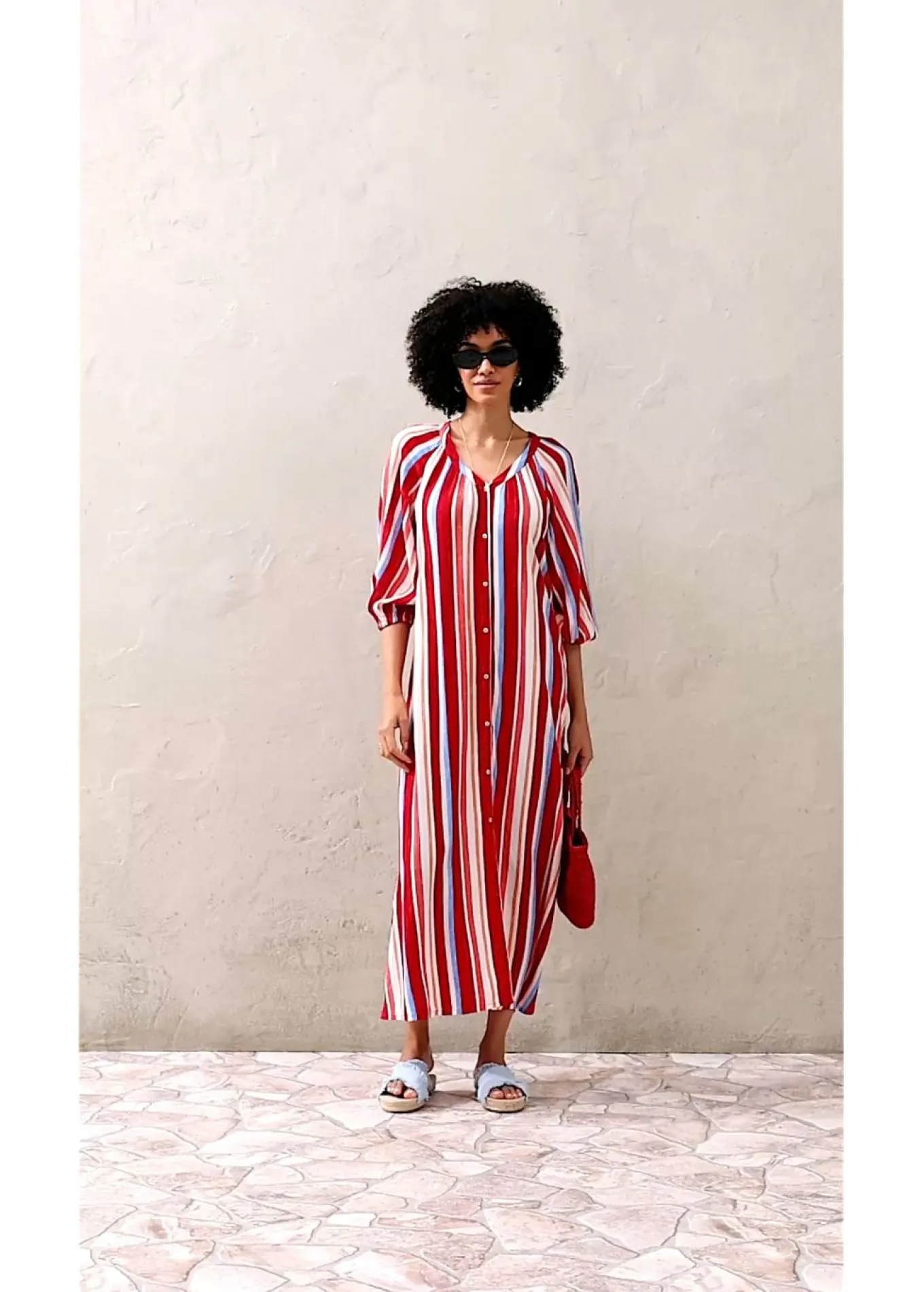 Vestido tipo caftán de viscosa estructurada de rayas